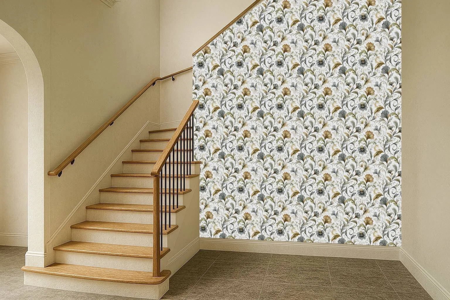 Classic floral staircase wallpaper wall mural with blue and cream motif along stairwell wall – Pop Papel classic seamless wallcovering for staircases