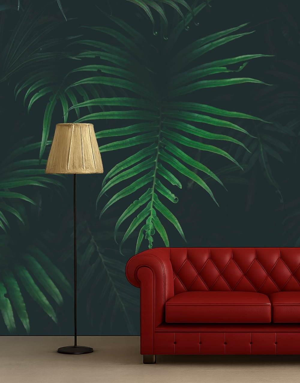 Dark tropical palm leaf wallpaper wall mural with deep green fronds behind red sofa and floor lamp – Pop Papel dramatic botanical wallcovering