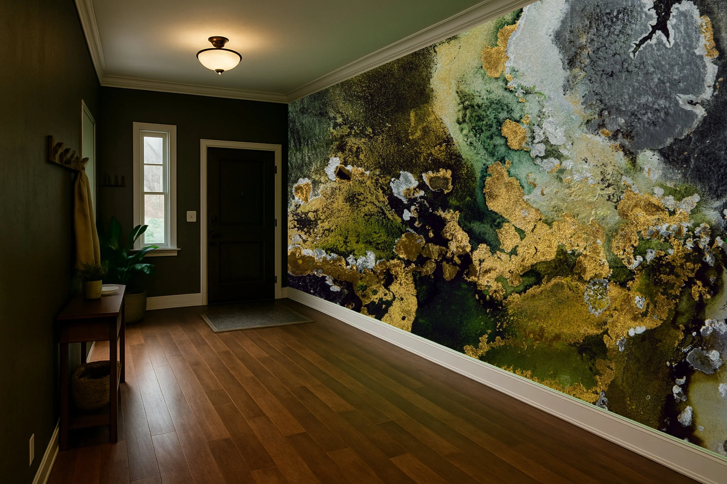 Abstract art entryway wallpaper wall mural with expressive colour behind hooks – Pop Papel art abstract seamless wallcovering for entrances