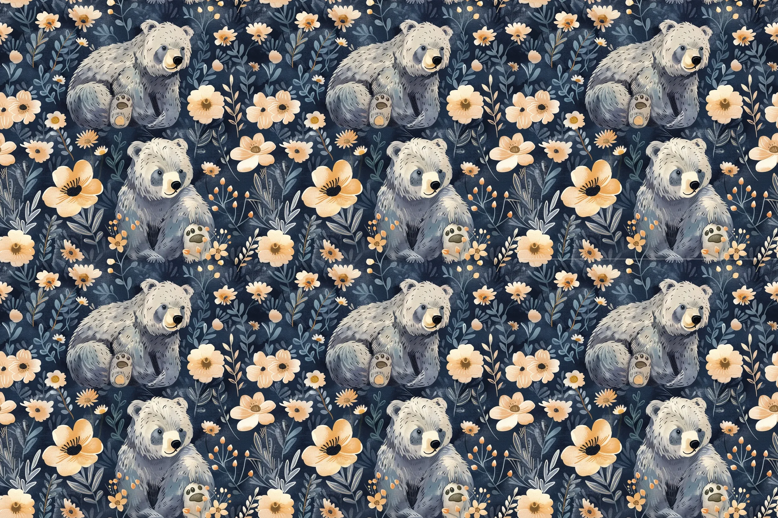 Pattern featuring cute white bears sitting among beige and white flowers and green leaves on a dark blue background.