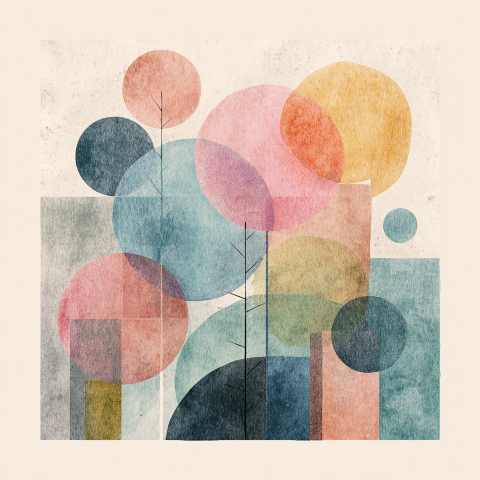 Abstract digital art featuring overlapping circles and rectangles in pastel colors with line details resembling tree branches.