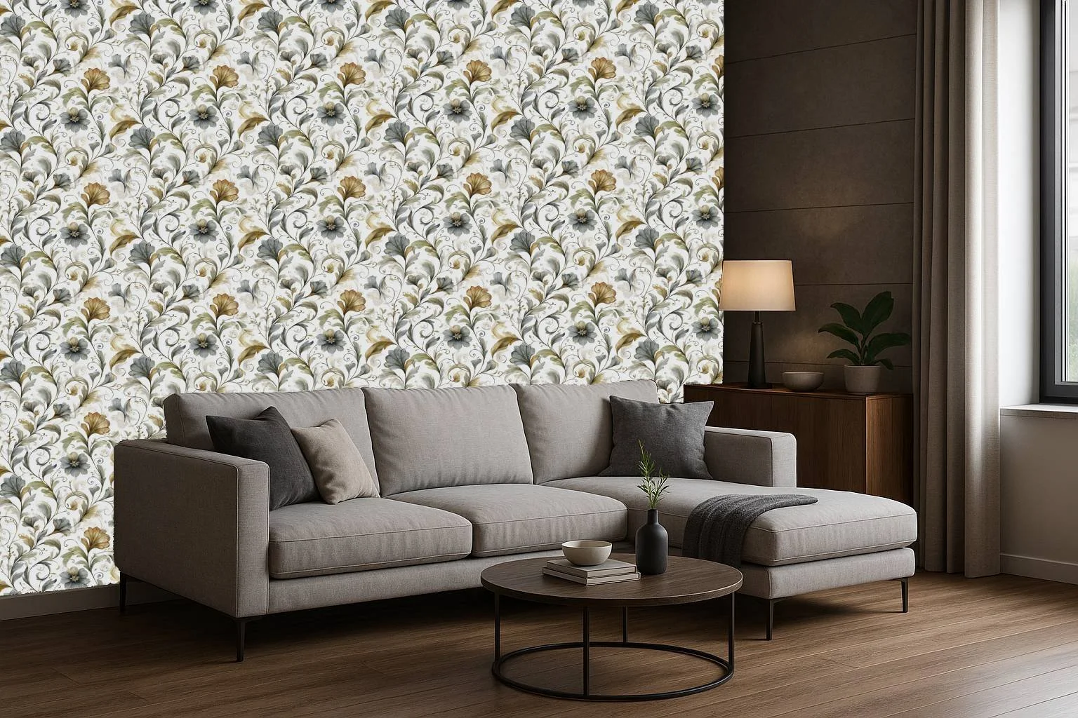 Classic floral living room wallpaper wall mural with blue and cream motif behind grey sofa – Pop Papel classic seamless wallcovering for living rooms