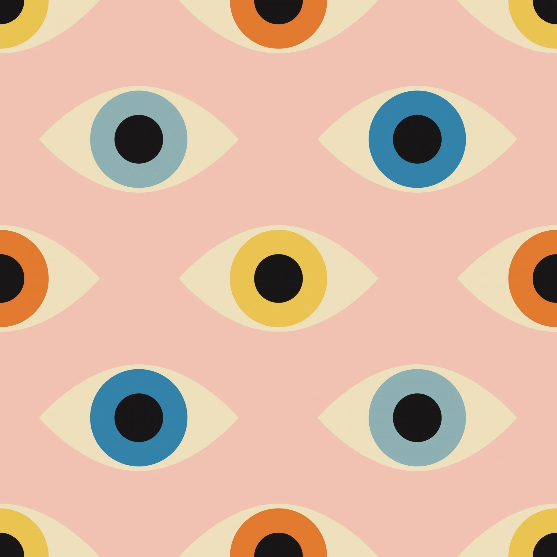 Repeated pattern of stylized eyes in various colors on a pink background.
