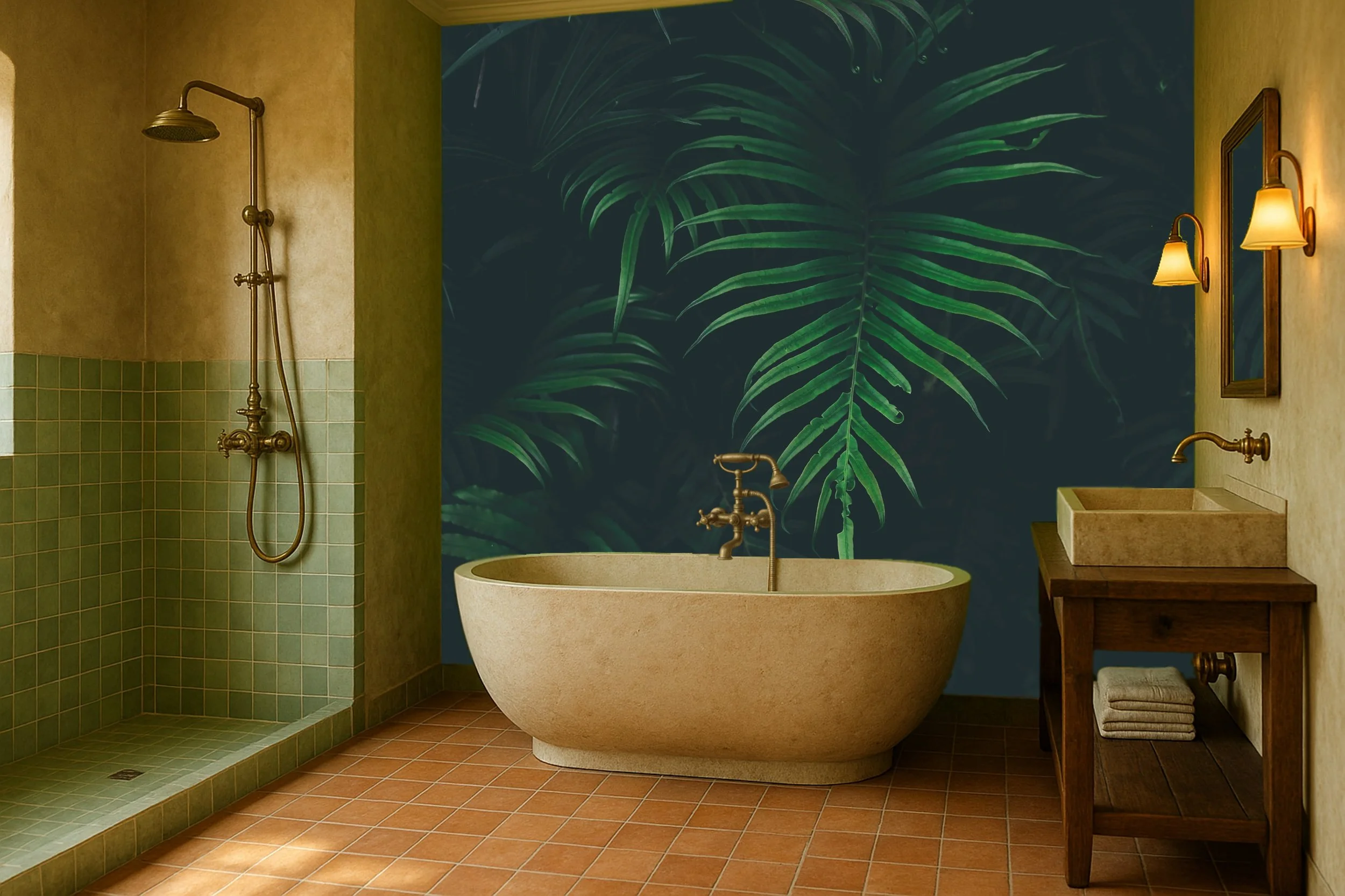 Botanical bathroom wallpaper wall mural with lush leaves behind vanity – Pop Papel botanical seamless wallcovering for bathrooms