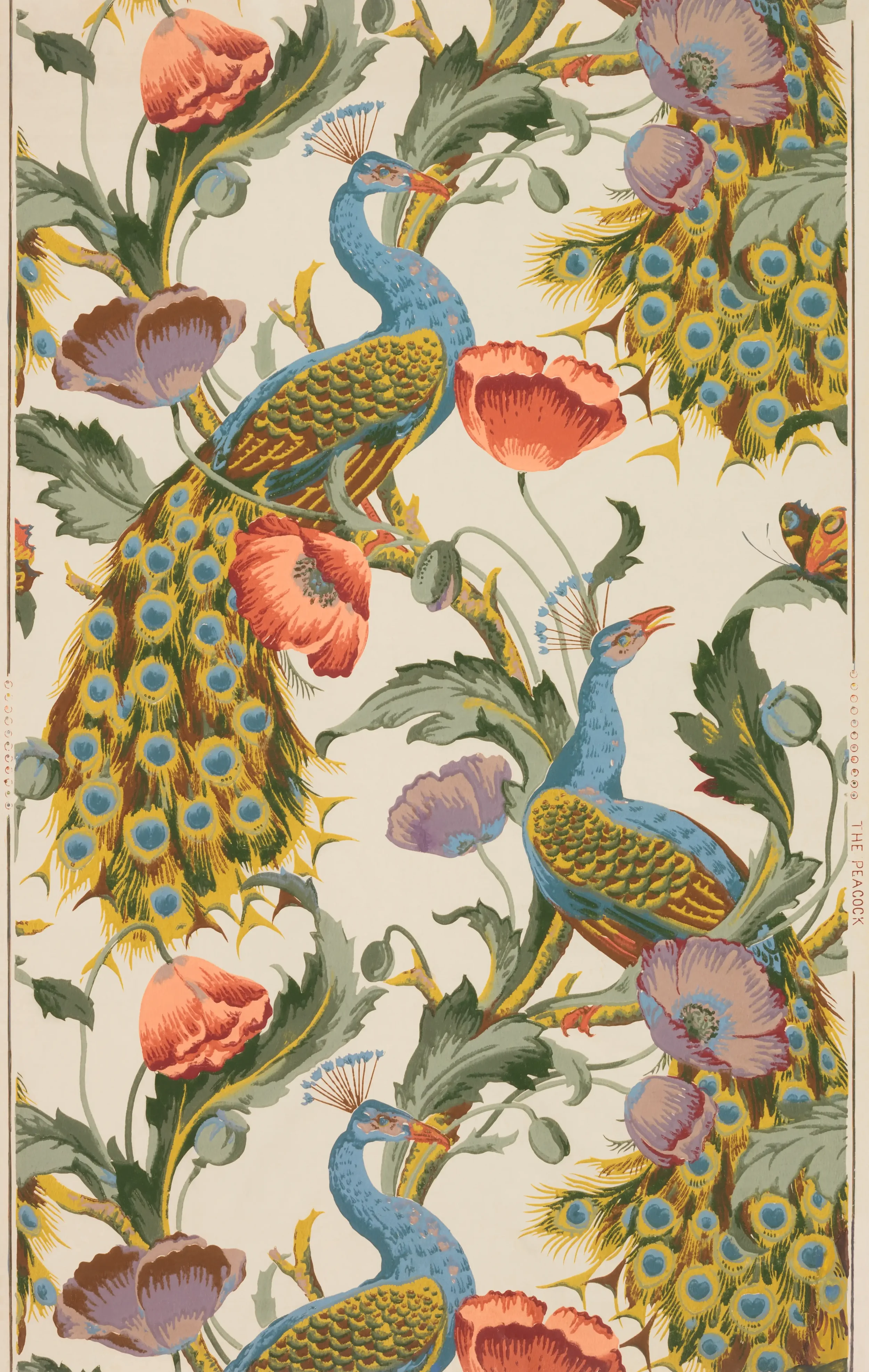 Pattern featuring peacocks, peacock feathers, flowers, and butterflies.