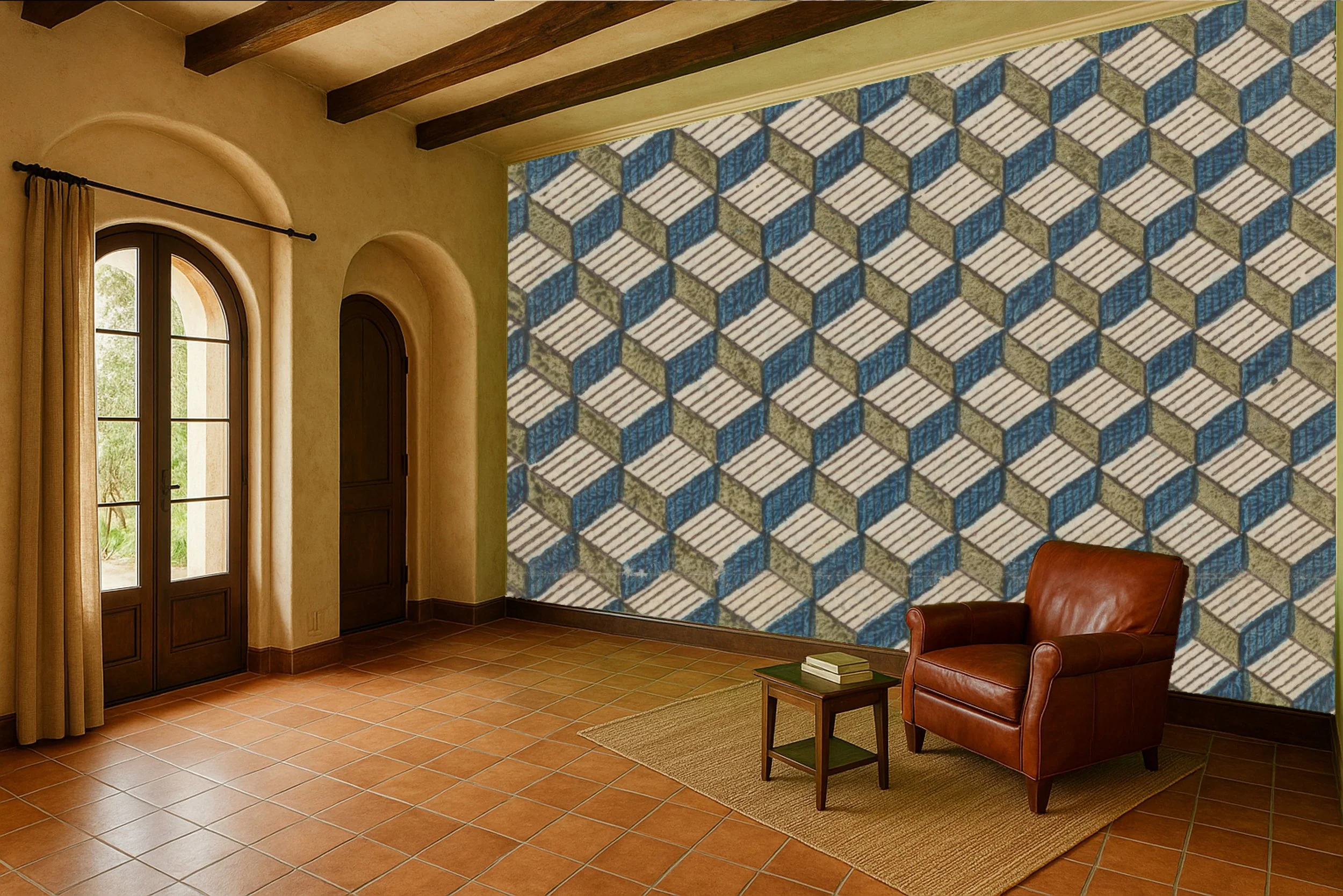 Geometric reading corner wallpaper wall mural with calming pattern behind chair – Pop Papel geometric seamless wallcovering for reading nooks