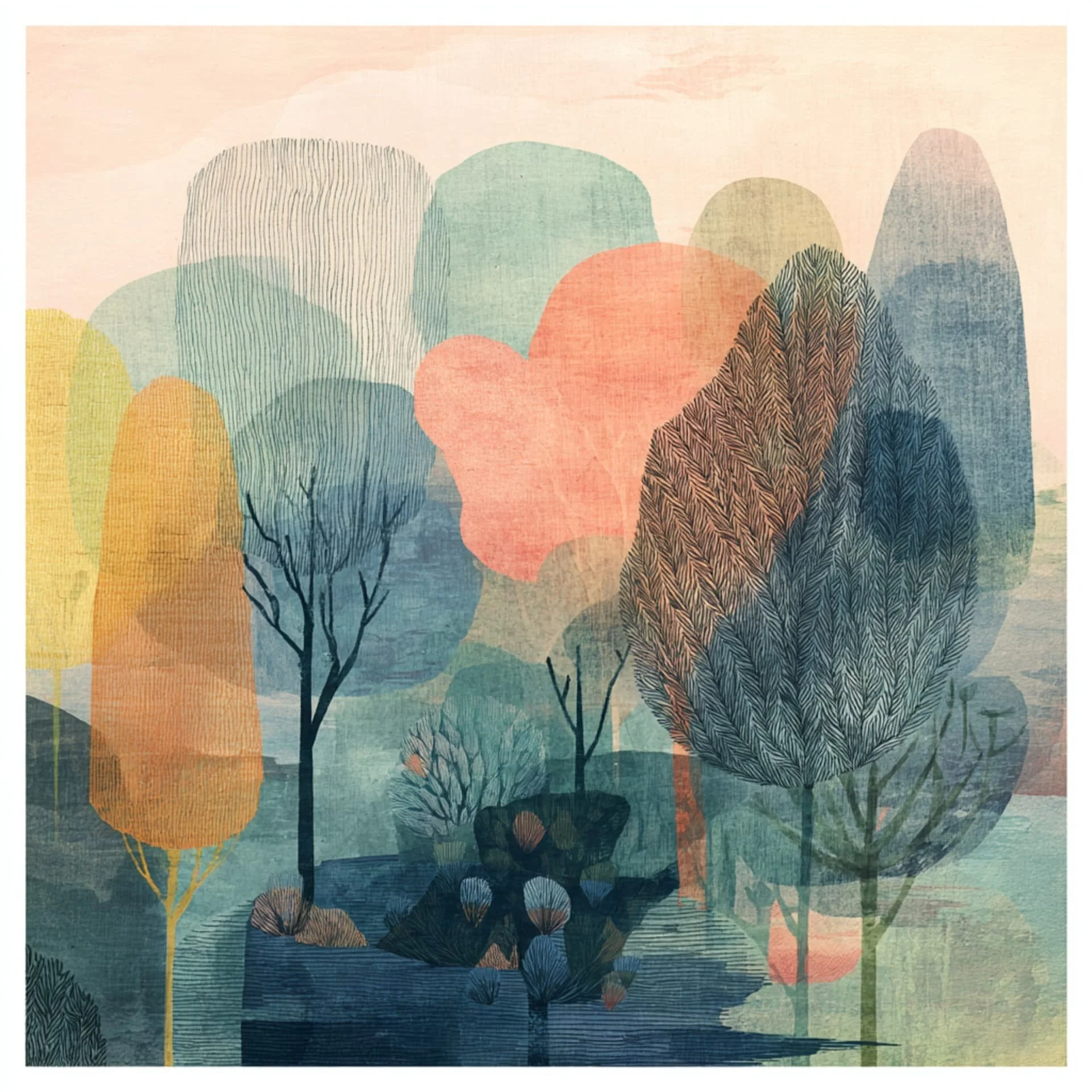 Stylized illustration of various trees with colorful, abstract foliage in pastel shades of blue, pink, yellow, and green.