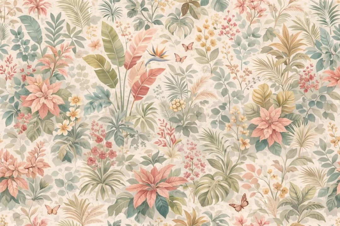 Tropical floral wallpaper with various leaves, flowers, and butterflies in soft pastel colors.