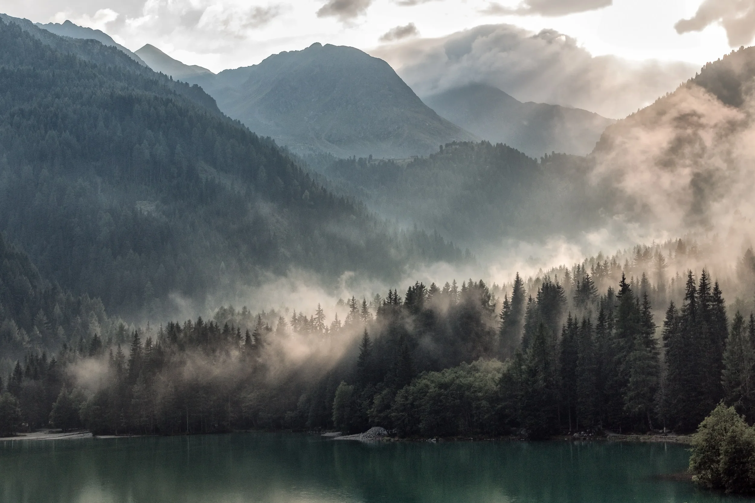 A serene mountain landscape with fog rolling through dense pine forests and tall mountains in the background, reflected in calm lake waters.