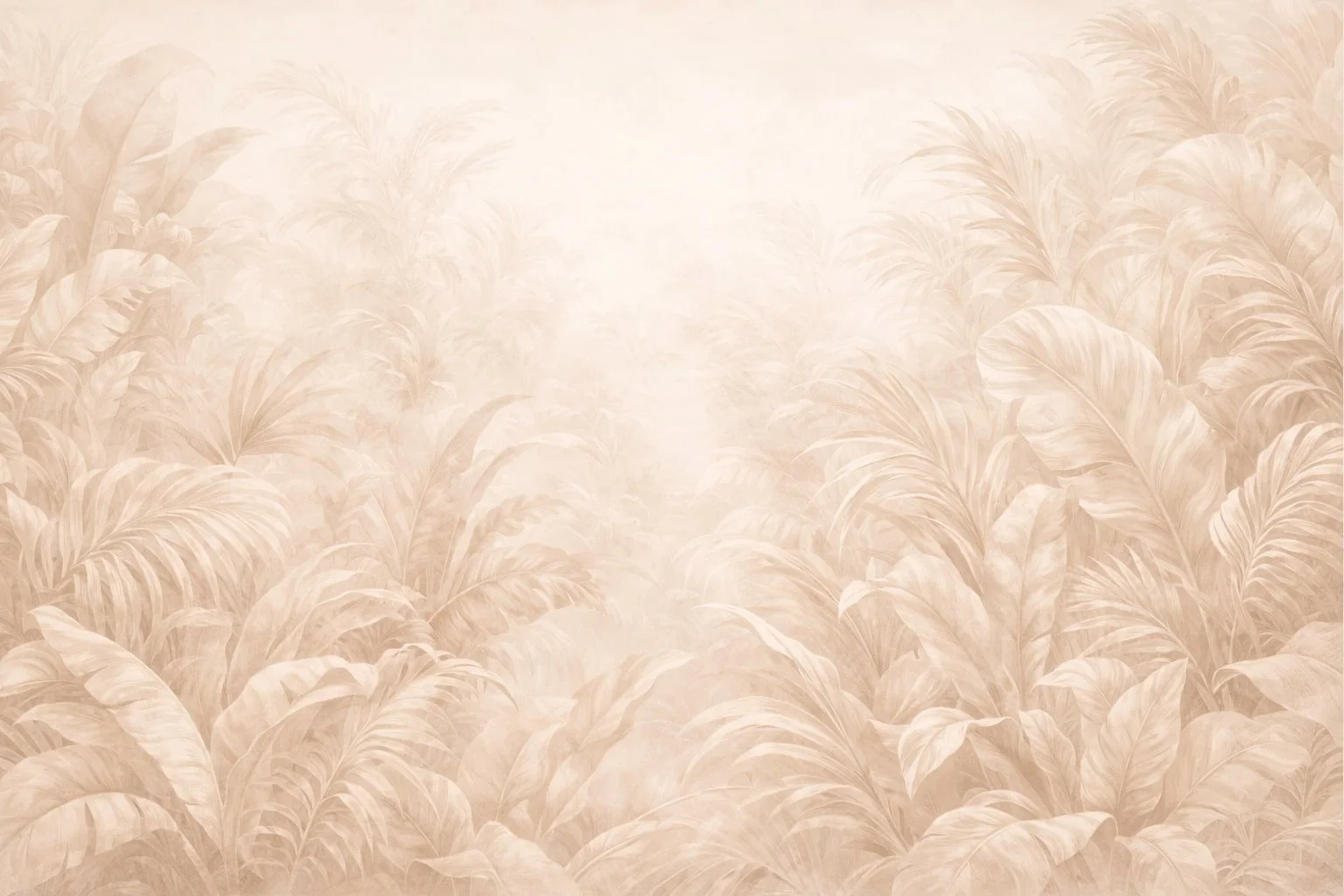 Soft beige background with a pattern of large, flowing palm leaves.