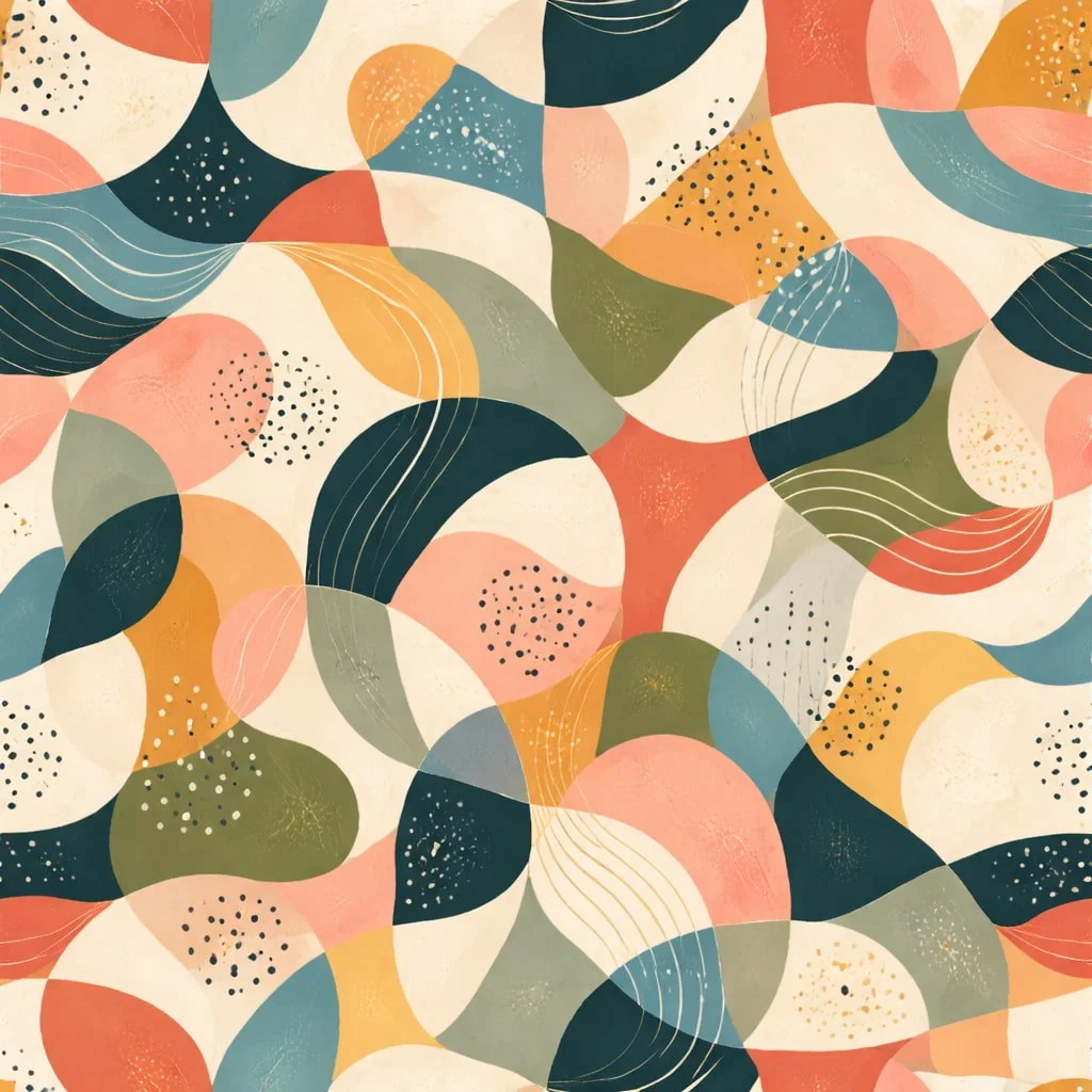 Abstract colorful pattern with overlapping organic shapes in shades of pink, orange, green, blue, and black, featuring dotted and lined details.