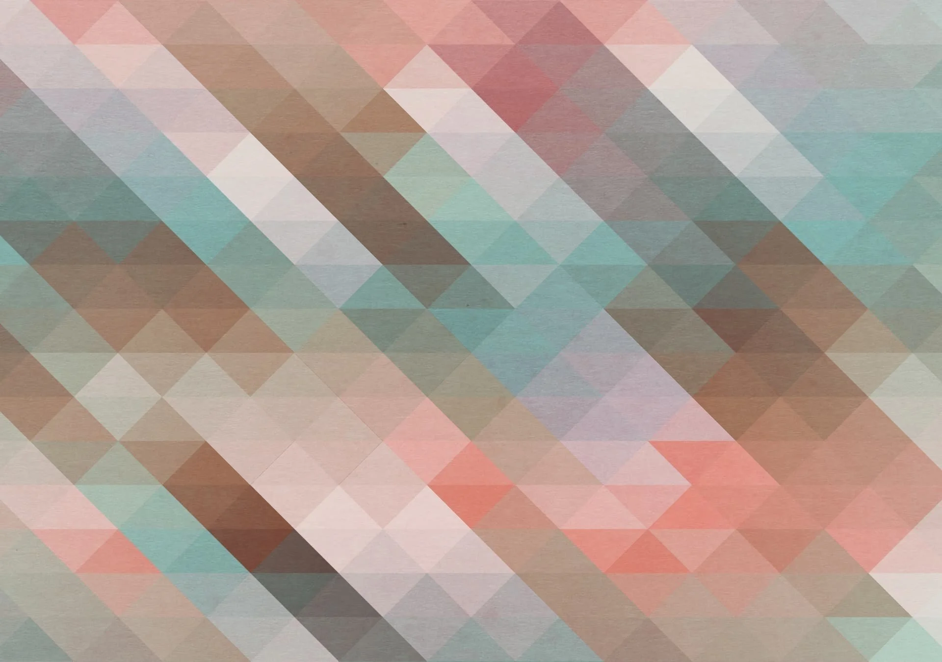 A highly pixelated abstract image composed of overlapping triangular shapes in pastel shades of pink, blue, beige, and white.