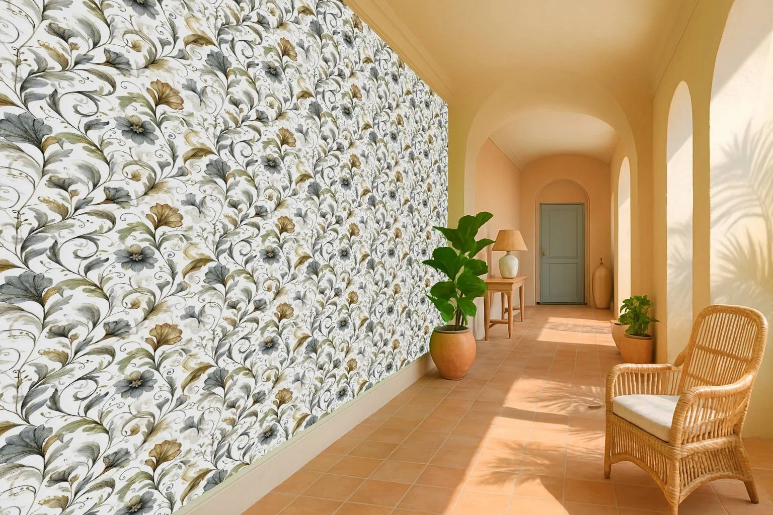 Classic floral entryway wallpaper wall mural with blue and cream pattern in bright arched hallway – Pop Papel classic seamless wallcovering for entrances