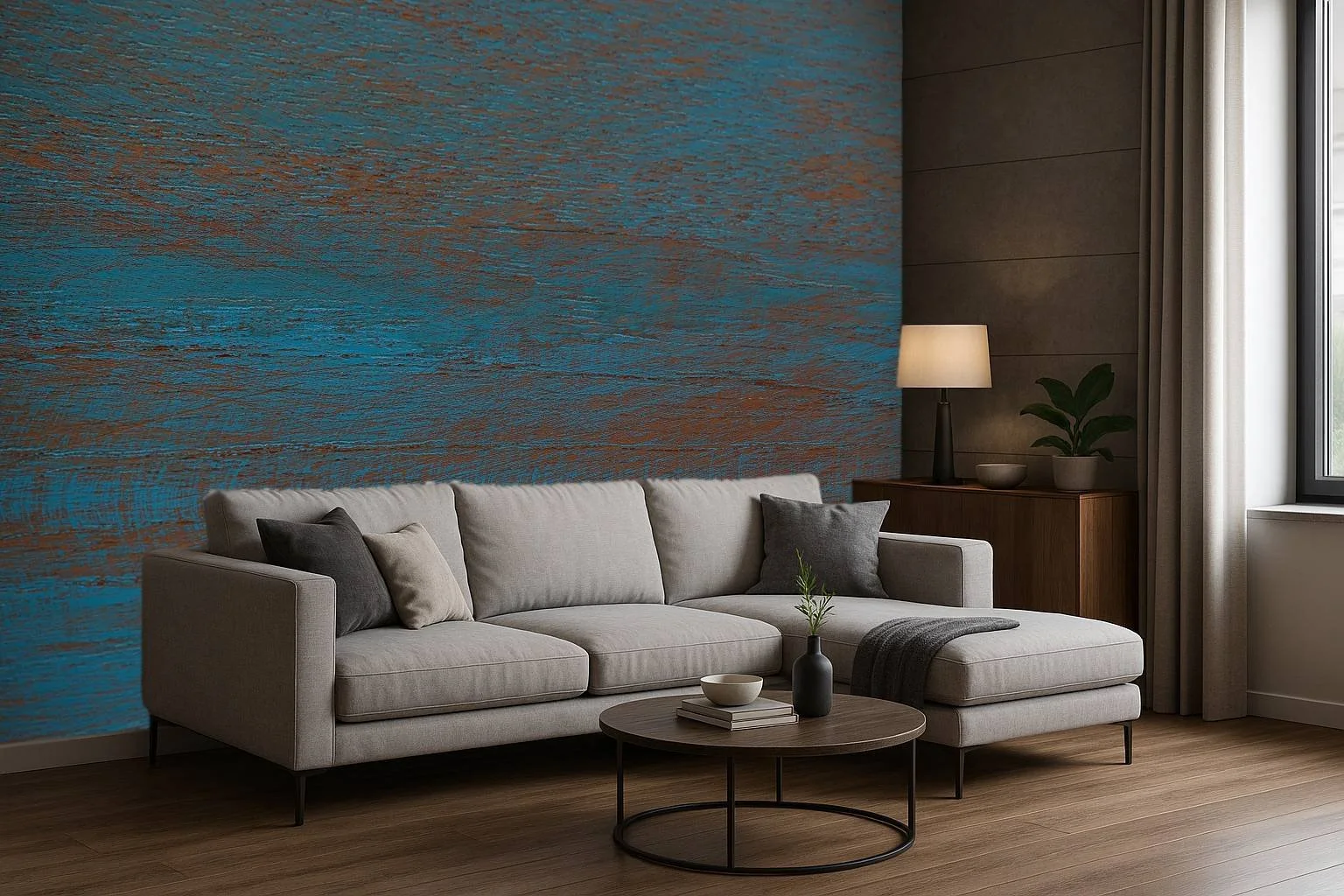 Textured blue living room wallpaper wall mural with layered artistic surface behind grey sofa – Pop Papel textured seamless wallcovering for living rooms