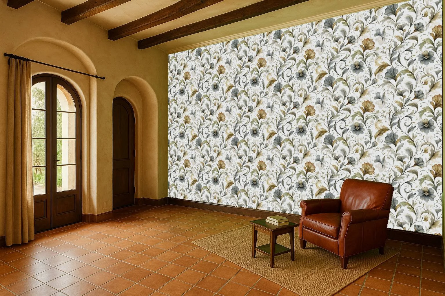 Classic floral wallpaper wall mural with blue and cream motif in arched entryway seating area – Pop Papel classic seamless wallcovering for entrances and living spaces