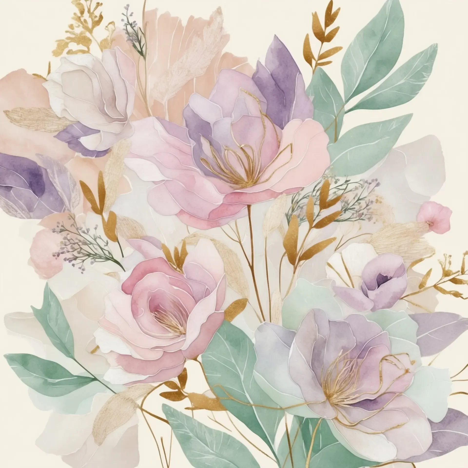 Pastel watercolor-style floral arrangement with pink, purple, and white flowers, green leaves, and gold accents.