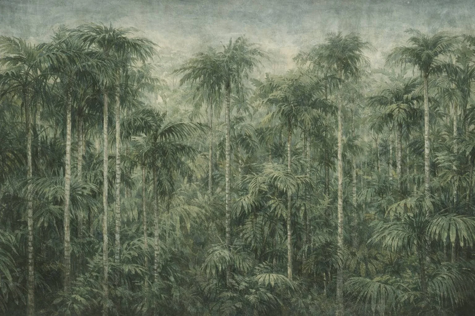 A painting of a dense jungle with tall trees and lush green foliage.