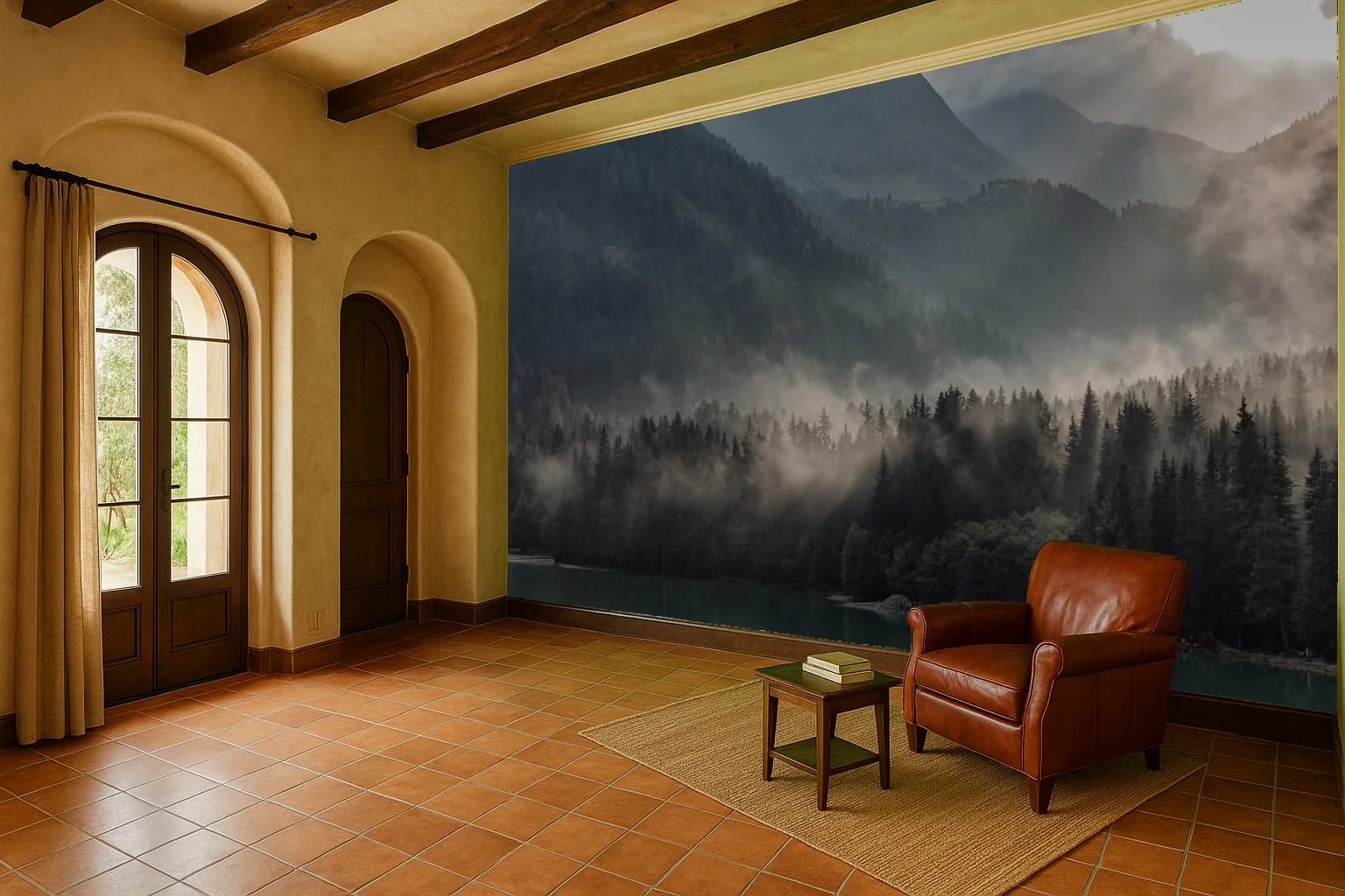 Nature landscape reading corner wallpaper wall mural with misty hills behind seat – Pop Papel nature seamless wallcovering for reading nooks