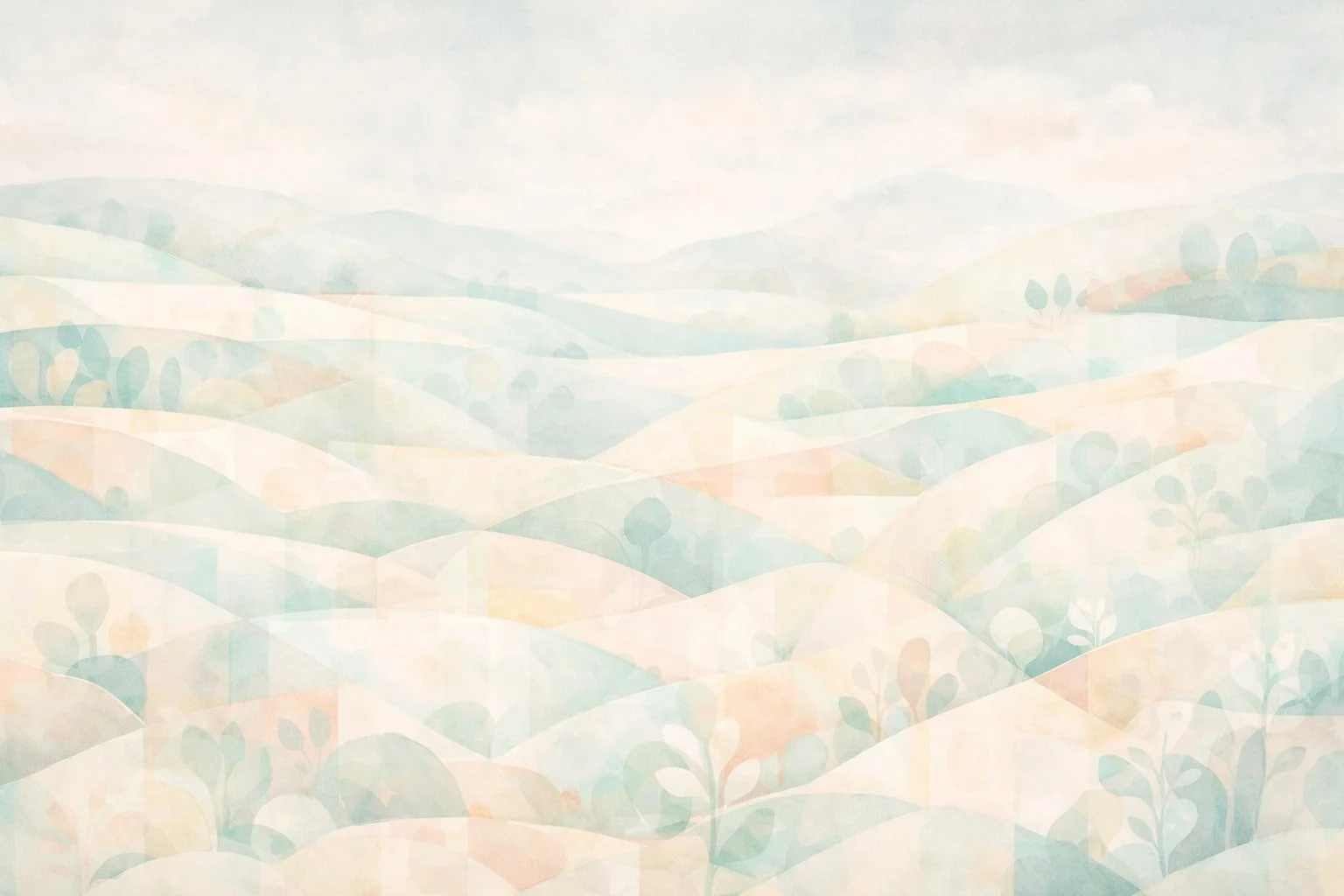 Abstract illustration of rolling hills with trees and foliage in pastel colors.