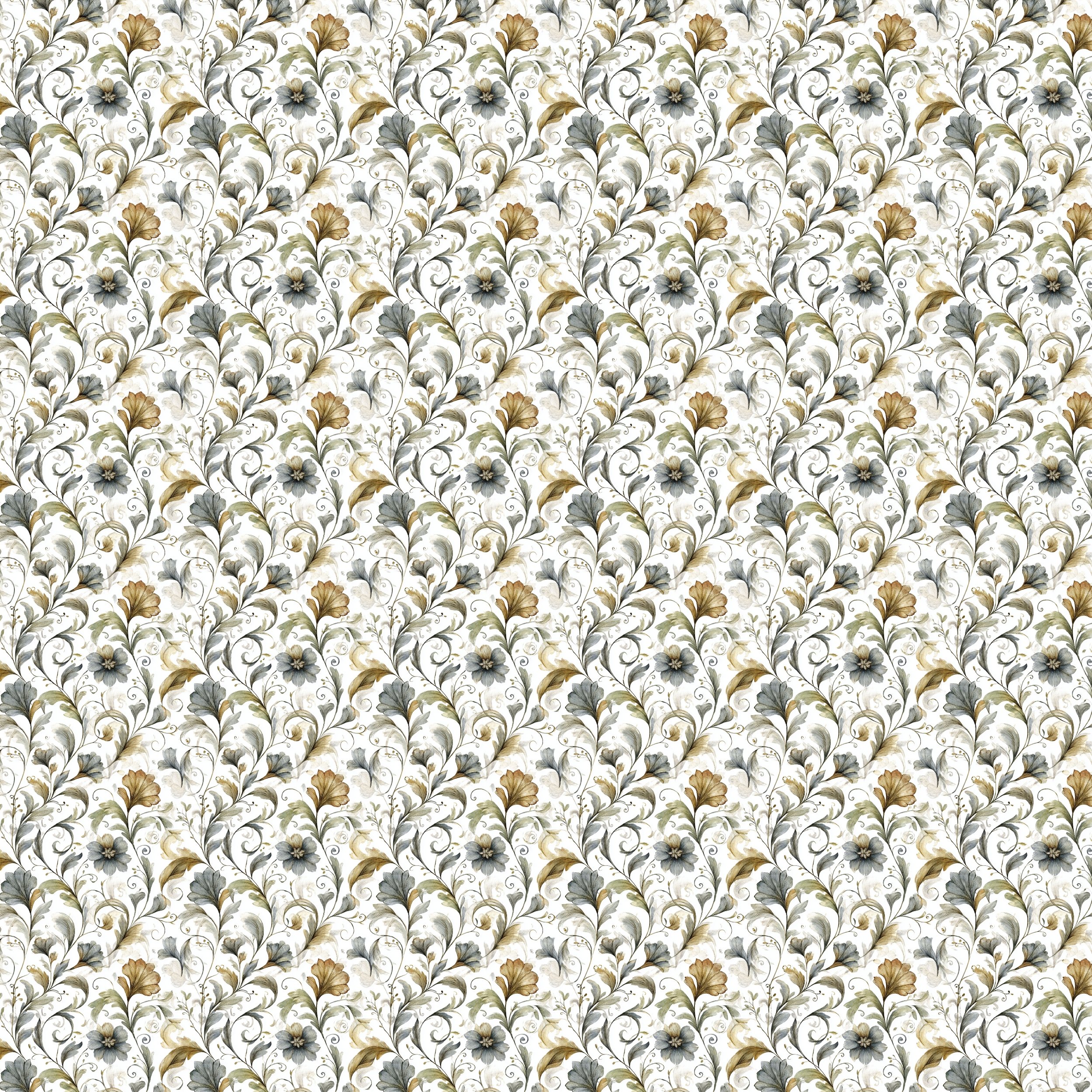 A seamless floral pattern with gold, gray, and beige leaves and flowers on a white background.