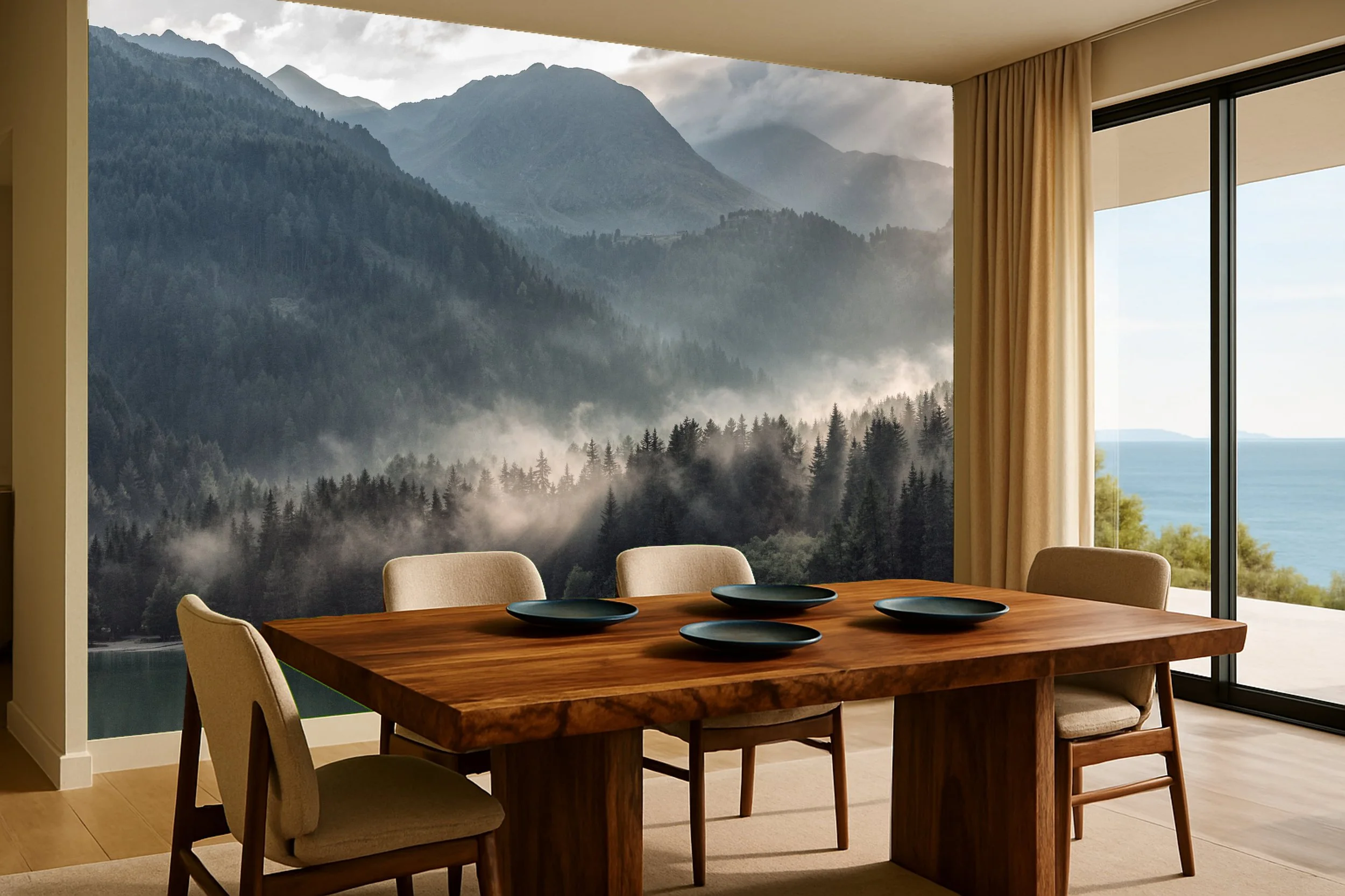 Nature landscape dining room wallpaper wall mural with mountains or forest – Pop Papel nature seamless wallcovering for dining rooms