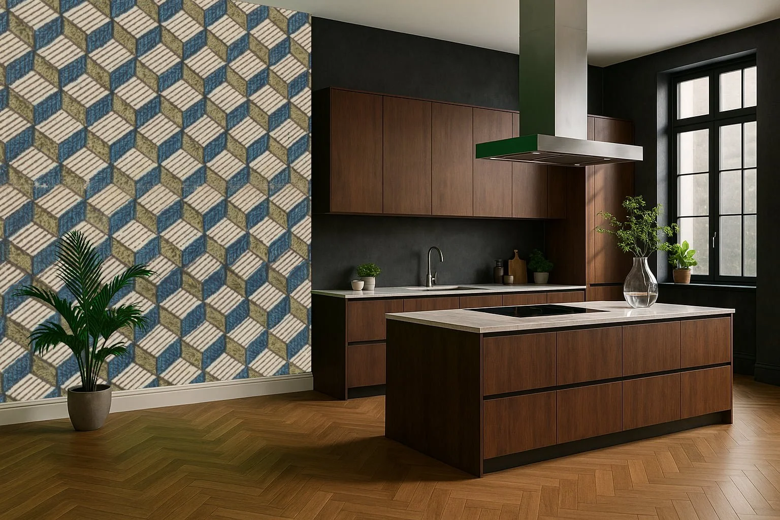 Geometric kitchen wallpaper wall mural with structured pattern behind cabinets – Pop Papel geometric seamless wallcovering for kitchens