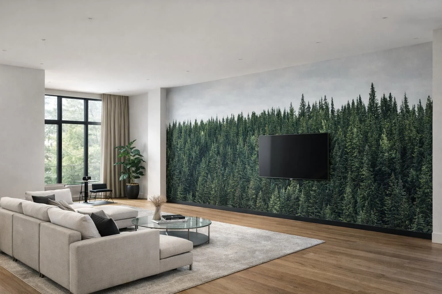 Modern living room with a large window, beige sectional sofa, glass coffee table, a potted plant, and a wall mural of a forest with a mounted flat-screen TV.