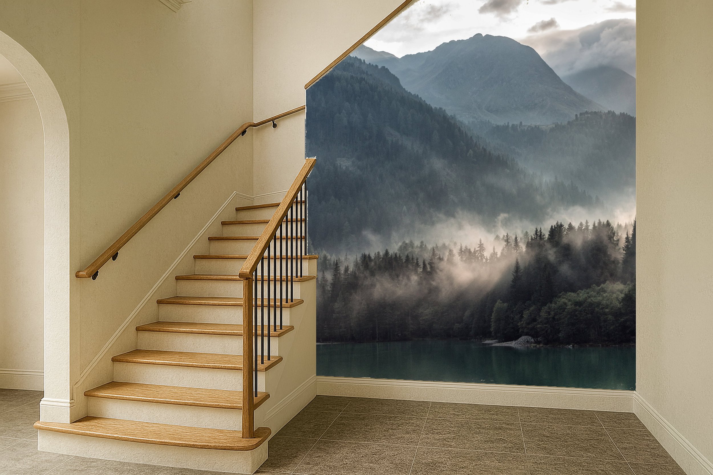 Misty green mountain and forest wall mural wallpaper along staircase wall – Pop Papel panoramic nature seamless wallcovering