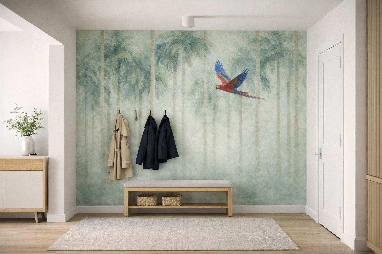 Papel pintado mural de jungla vintage con guacamayo en vuelo y palmeras suaves en pasillo – revestimiento botánico sin juntas Pop Papel