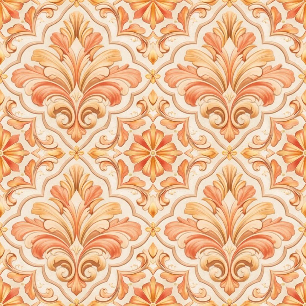 An intricate floral pattern featuring stylized flowers and scrollwork in shades of peach, beige, and gold.