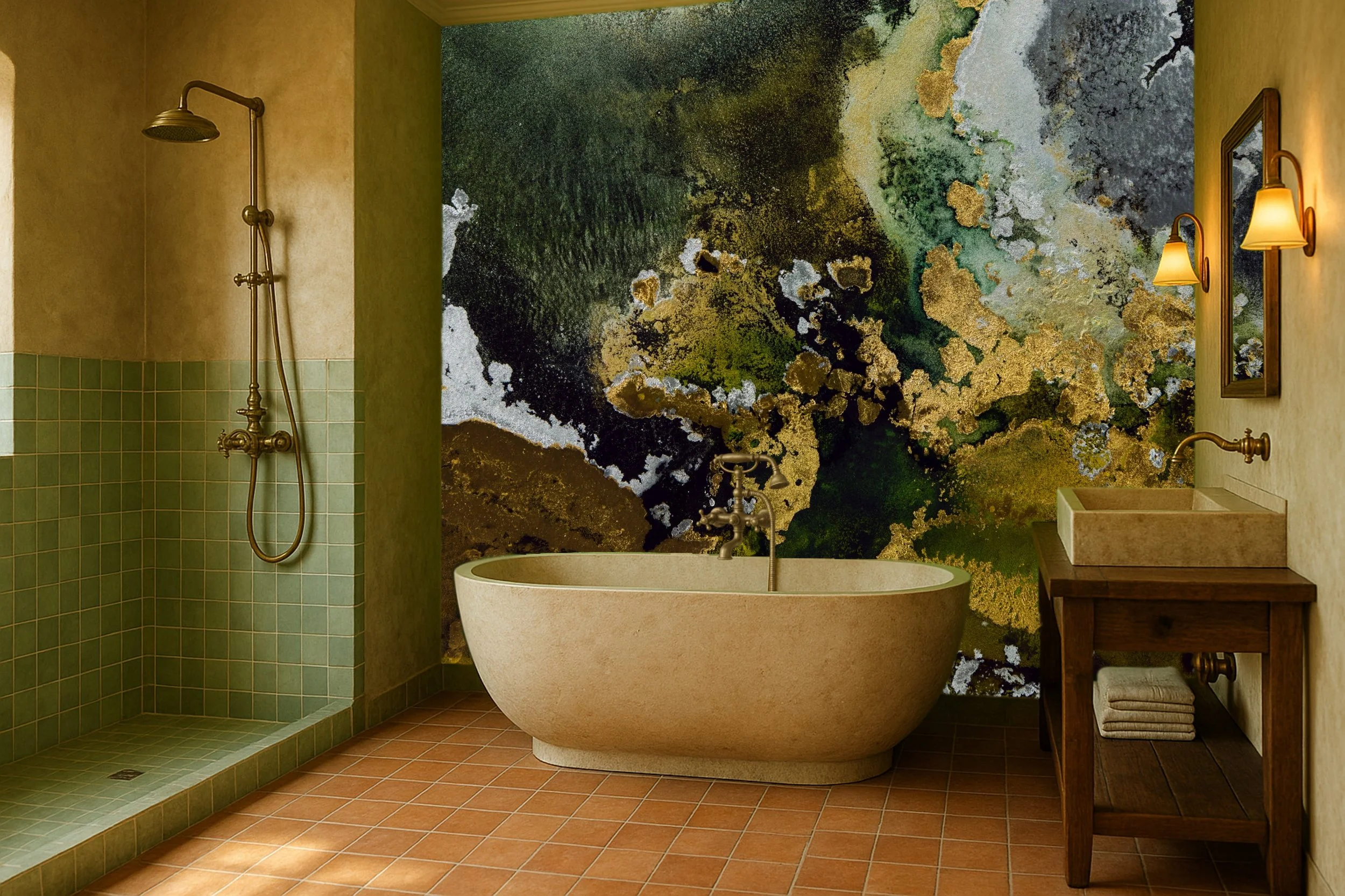 Abstract art bathroom wallpaper wall mural with dynamic colour behind basin – Pop Papel art abstract seamless wallcovering for bathrooms