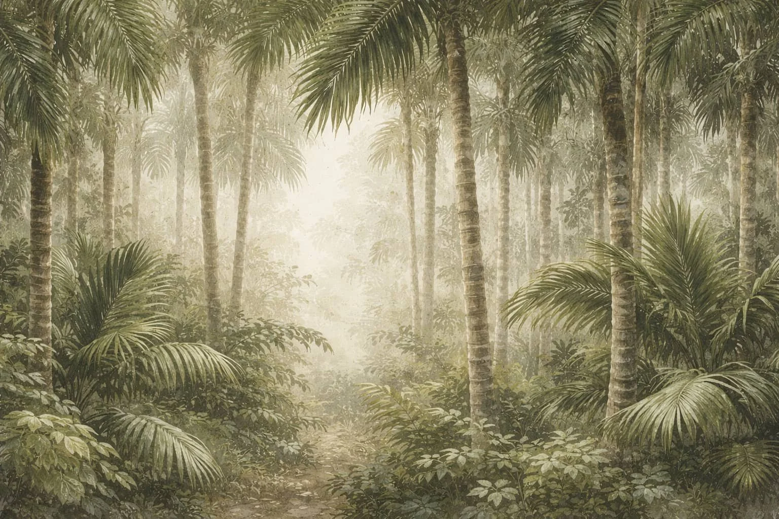 A misty jungle scene with tall trees and lush green foliage.