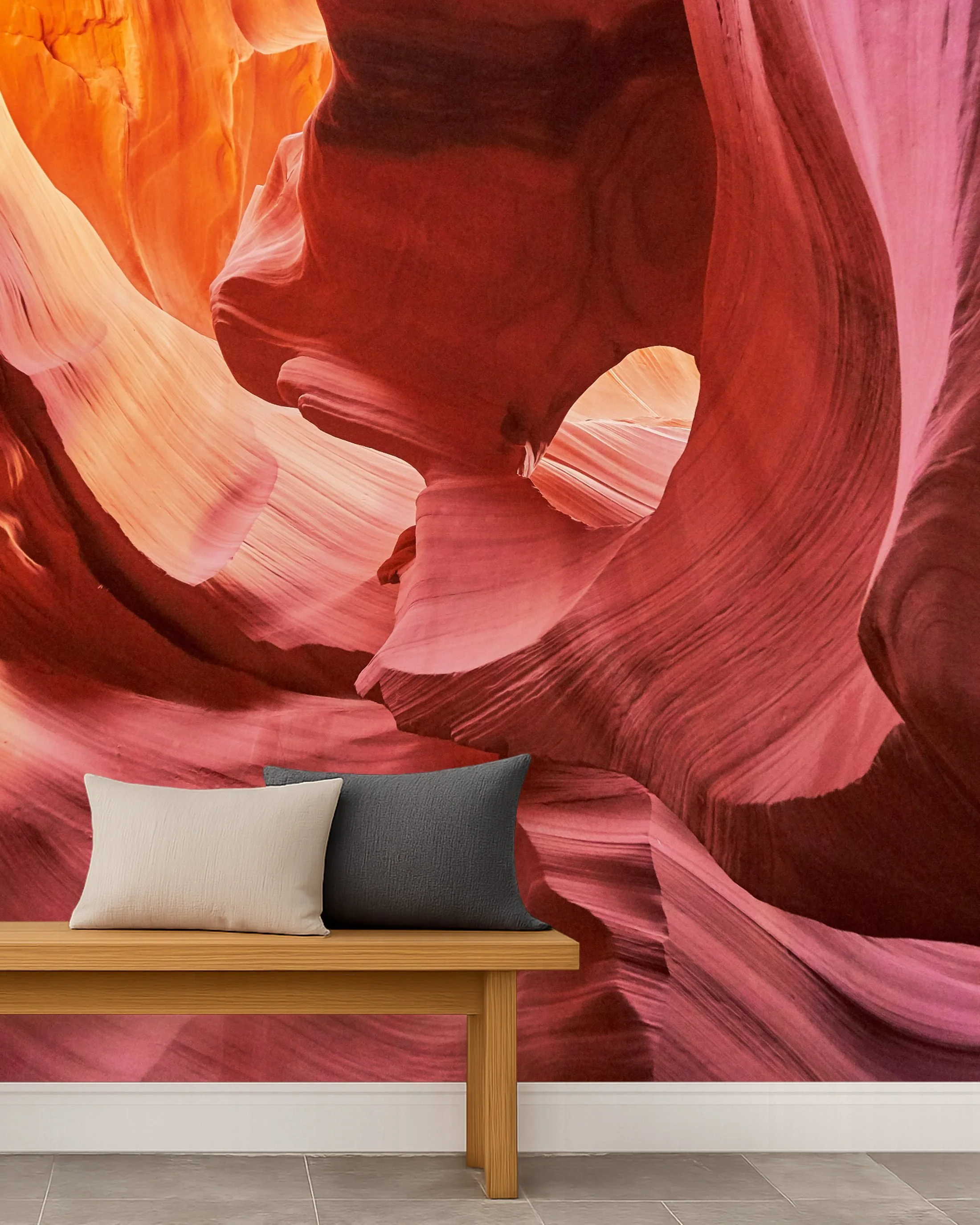 Sandstone canyon wall mural wallpaper with pink orange red flowing rock formations behind wooden bench – Pop Papel nature landscape design wallcovering