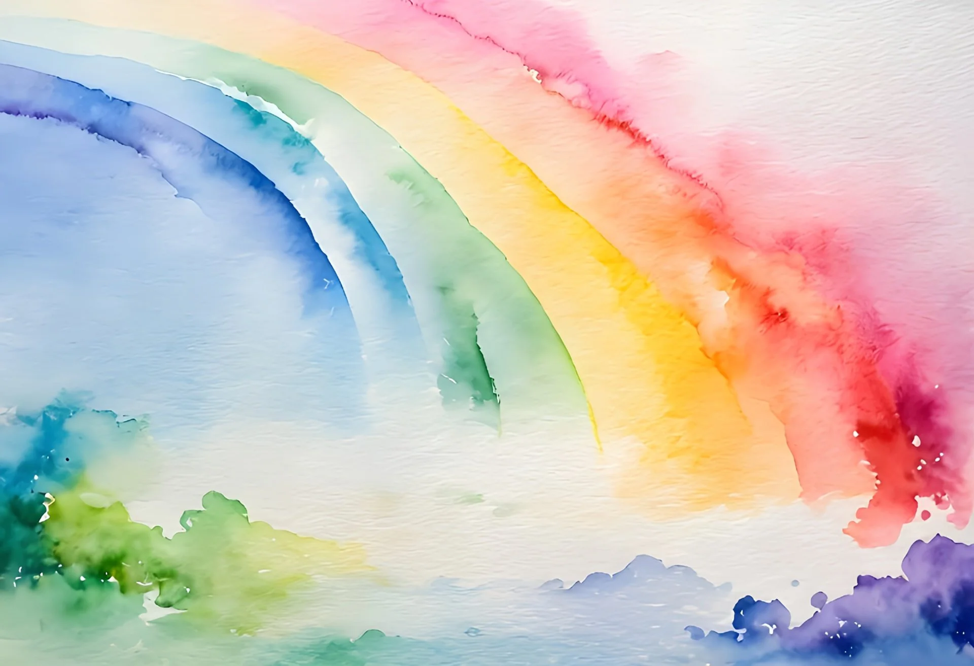 Watercolor painting of a rainbow with vibrant colors including blue, green, yellow, orange, red, purple, and pink.