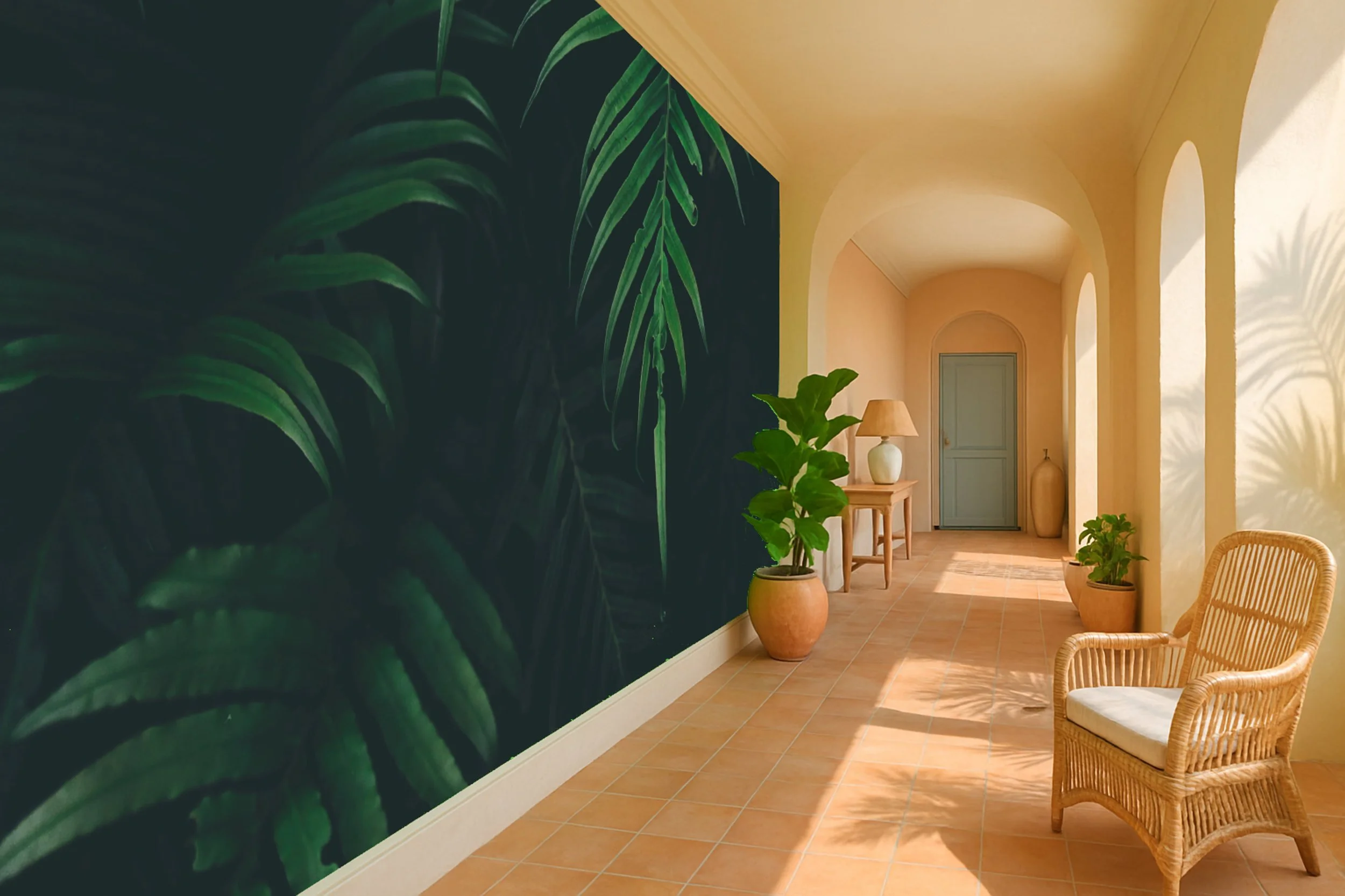 Botanical hallway wallpaper wall mural with tall leafy motif along corridor wall – Pop Papel botanical seamless wallcovering for hallways