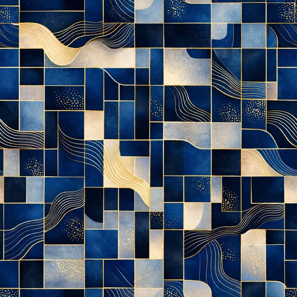 A decorative tile pattern with blue, gold, and beige colors featuring geometric shapes, flowing lines, and scattered gold dots.