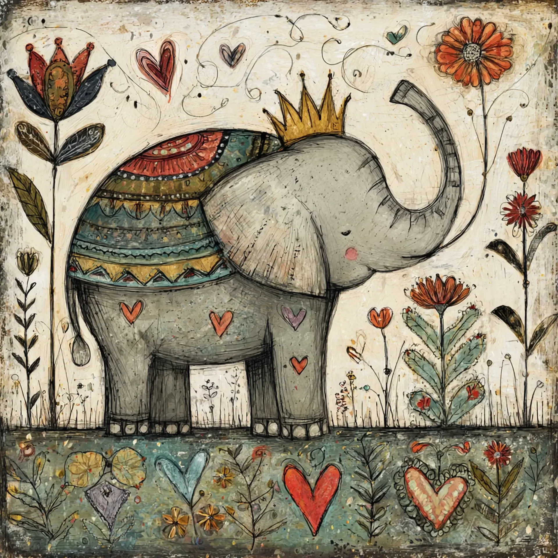 A whimsical painting of an elephant with colorful decorative patterns, wearing a gold crown, surrounded by flowers, hearts, and swirls in a playful, artistic style.