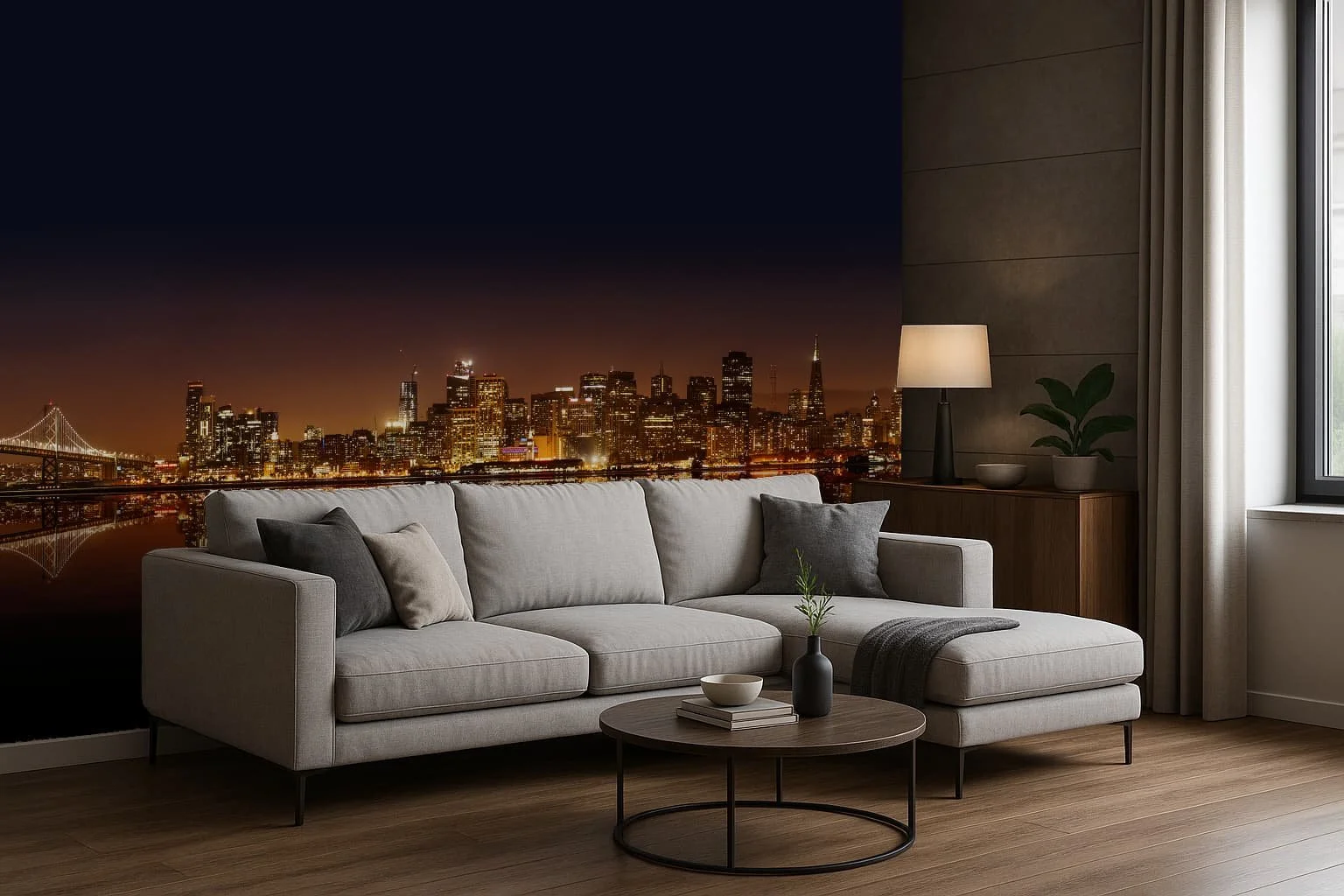 Living room with a white sofa, dark throw pillows, a low wooden coffee table with a small plant, and a city skyline mural at night on the wall.