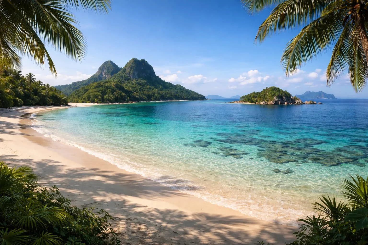 Tropical beach with white sand, clear blue water, green foliage, palm trees, and distant mountainous islands under a bright sky.