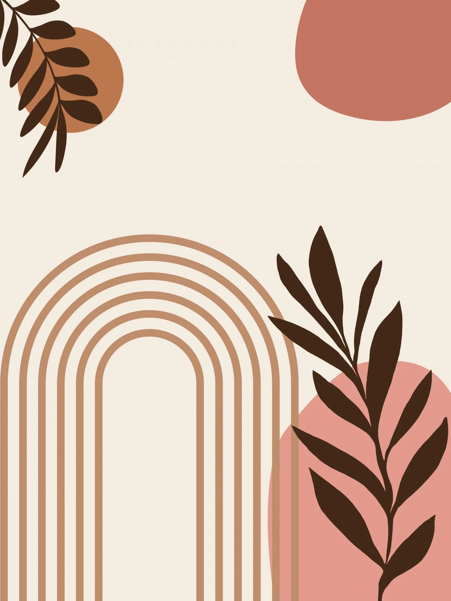 Abstract graphic with earthy tones, featuring leaves, circles, and a rainbow-shaped design.