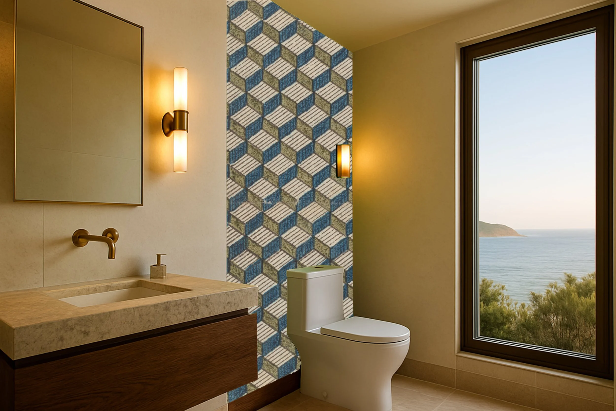 Modern bathroom with a large window showing a scenic view of the ocean and greenery, featuring a white toilet, a beige and wooden sink with a brass faucet, and stylish lighting fixtures.