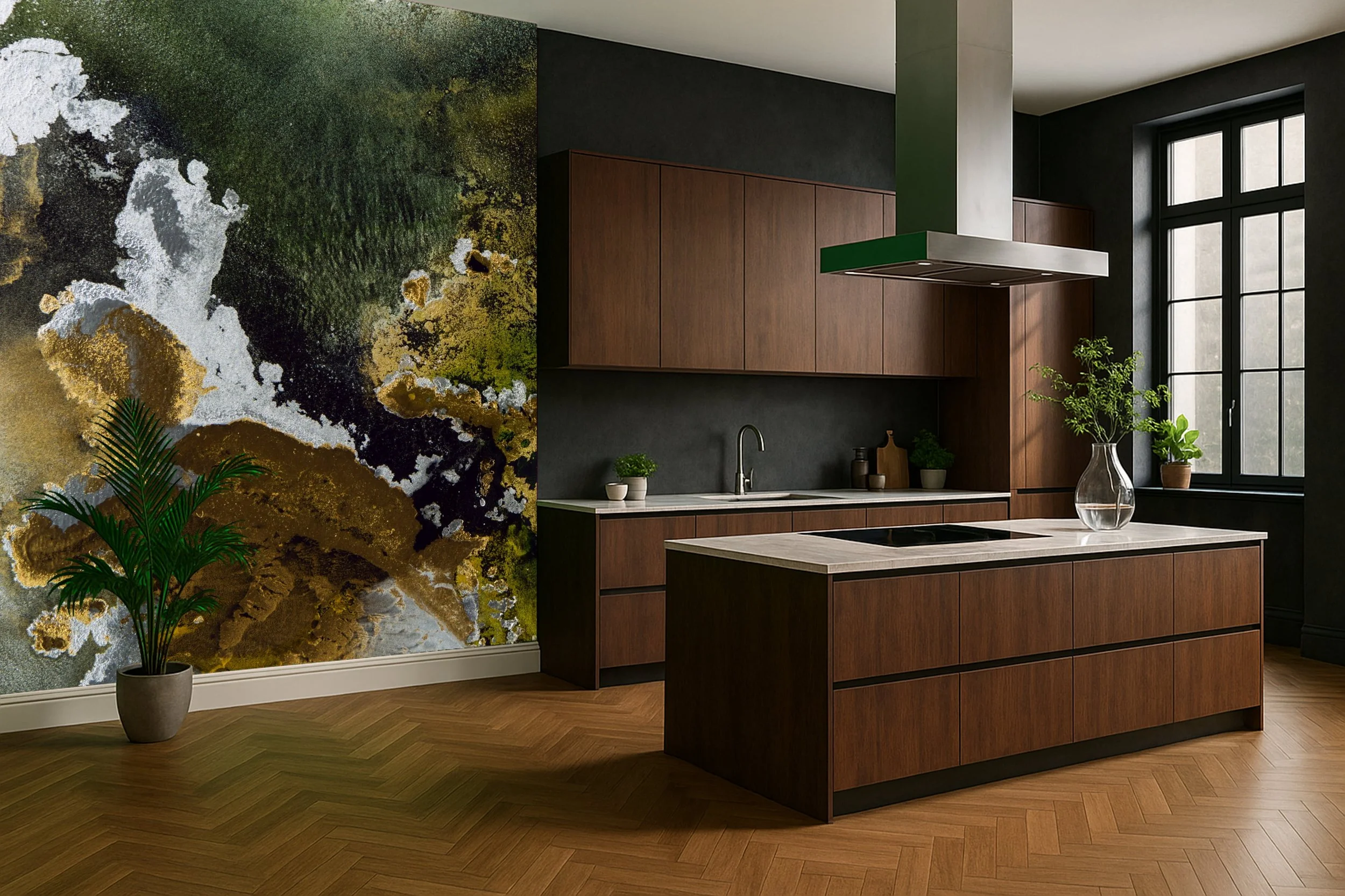 Abstract art kitchen wallpaper wall mural with expressive colour behind island units – Pop Papel art abstract seamless wallcovering for kitchens