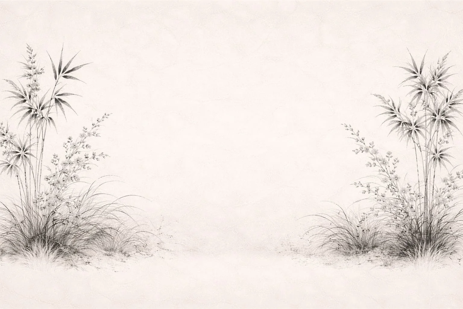 Black and white botanical illustration of grass and flowering plants on a plain background.