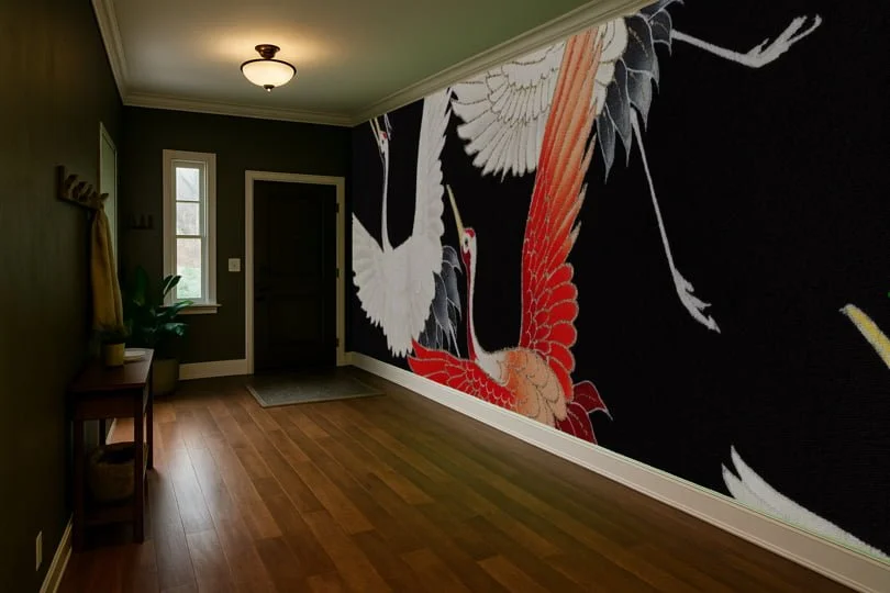 Vintage entryway wallpaper wall mural with nostalgic motifs behind coat rack – Pop Papel vintage seamless wallcovering for entrances