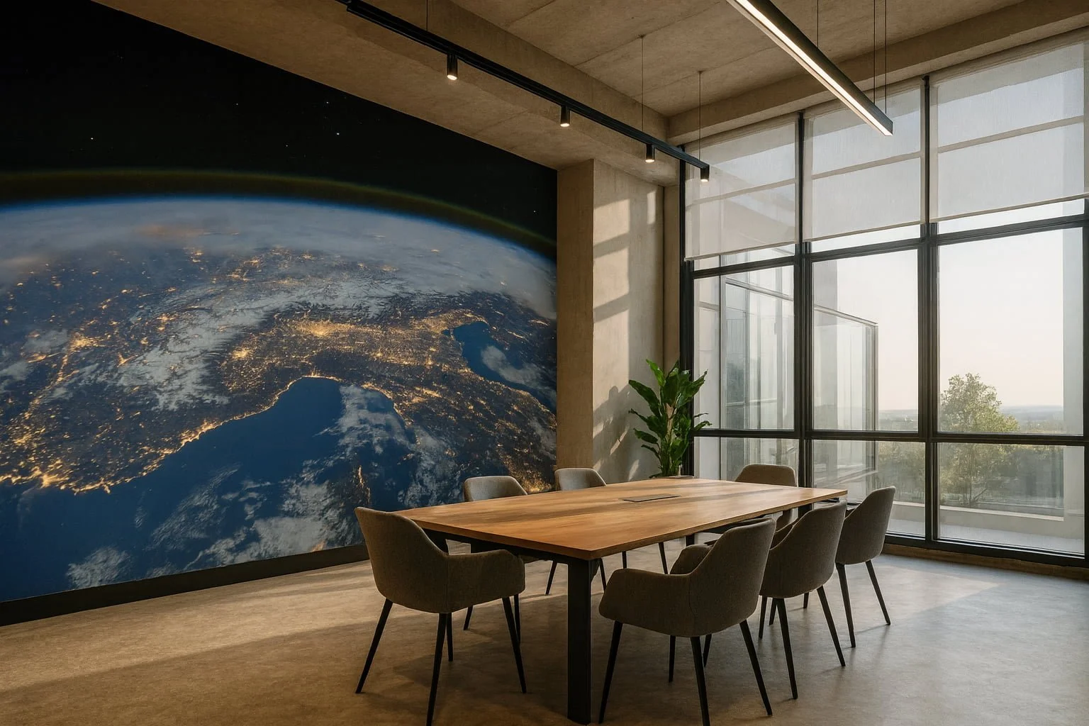 Papel pintado mural de vista satelital de la Tierra en sala de reuniones moderna, diseño panorámico sin juntas Pop Papel para oficinas