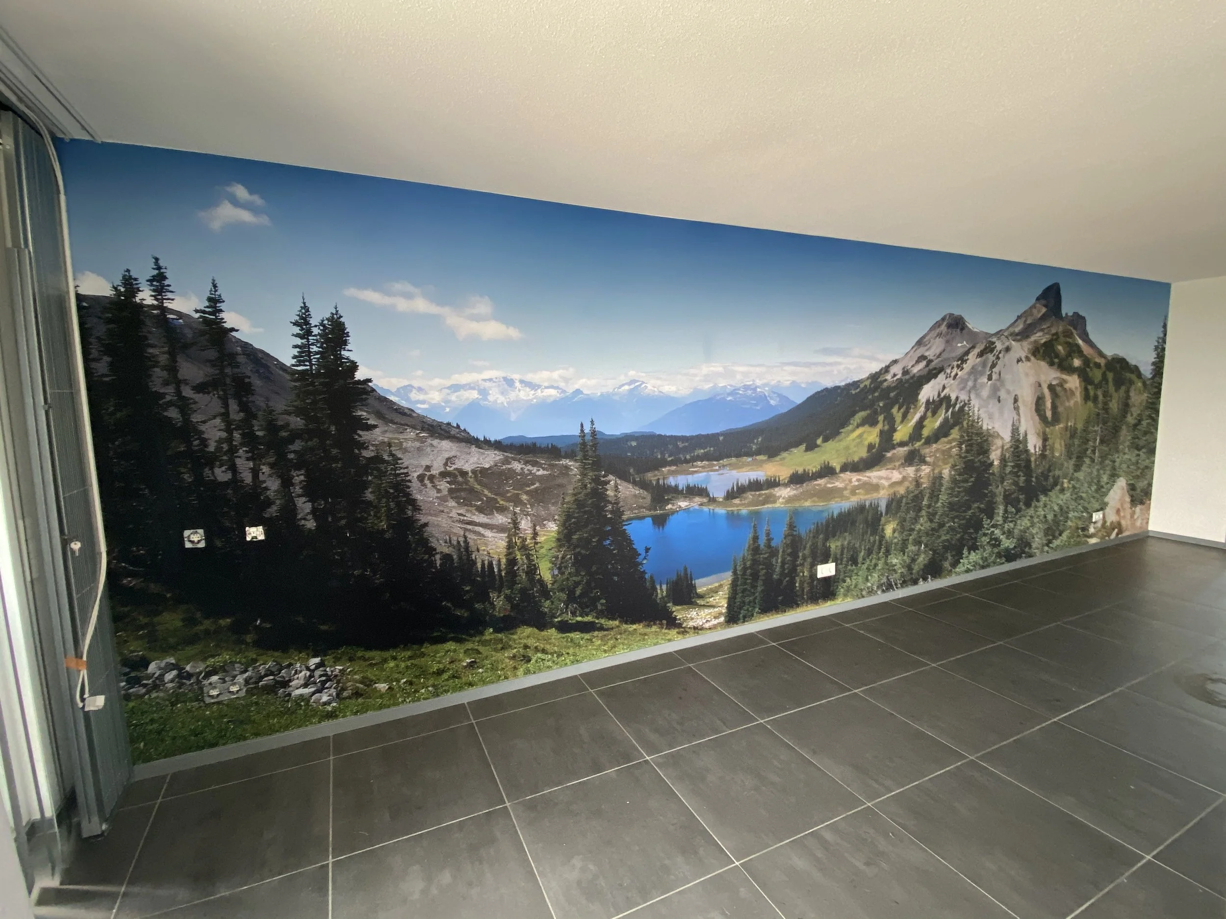 Panoramic mountain and lake wall mural wallpaper installed in modern interior space – Pop Papel nature landscape seamless wallcovering completed project