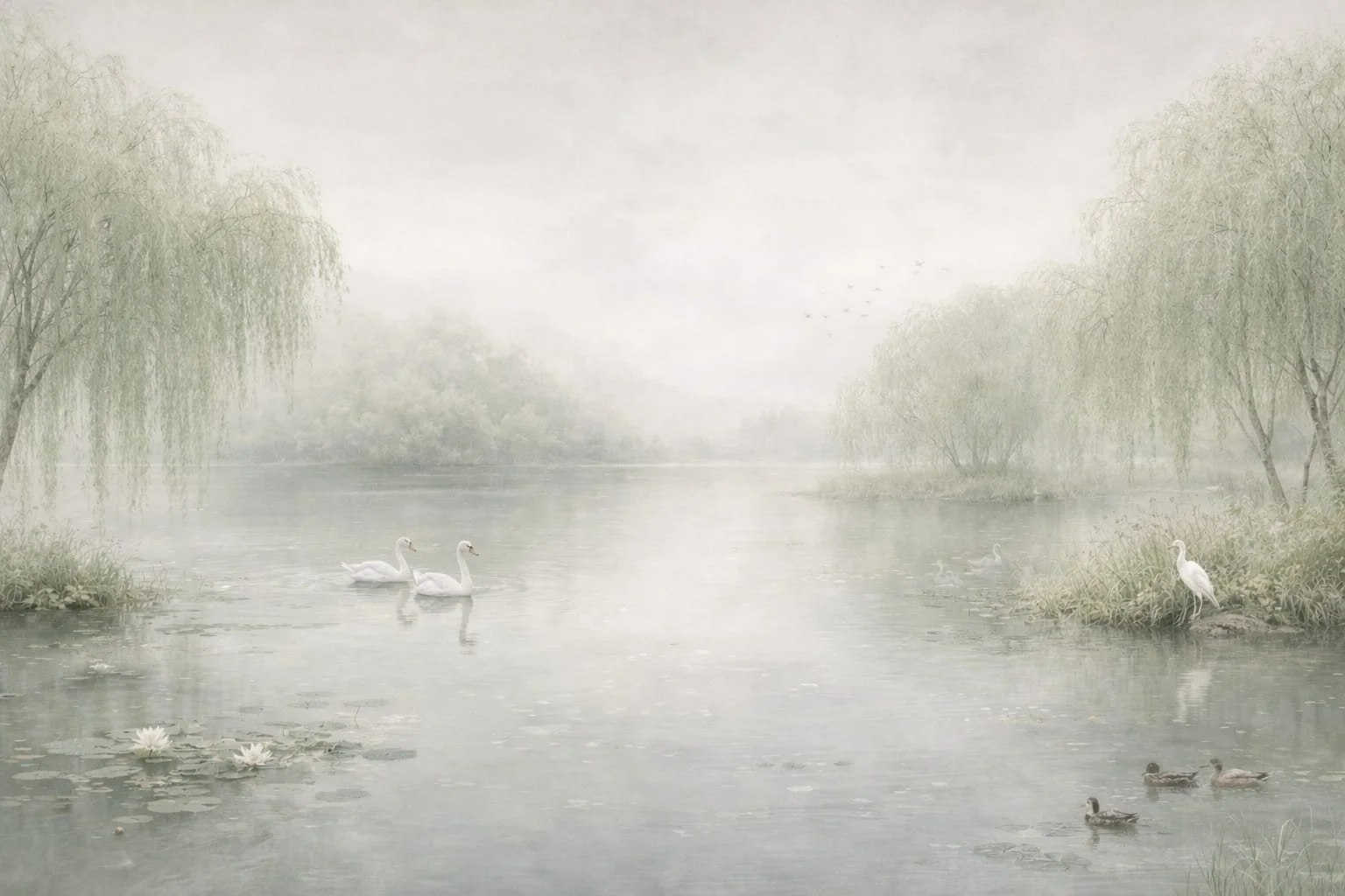 A serene watercolor painting of a peaceful pond with white swans swimming and herons standing near the water's edge, surrounded by willow trees and lily pads.