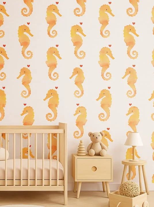 Yellow seahorse kids wallpaper wall mural behind crib and children’s furniture – Pop Papel playful nursery seamless wallcovering