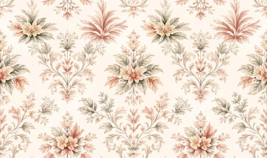 Vintage floral wallpaper with pink, cream, and green faded flowers and leaves in a repeating pattern.