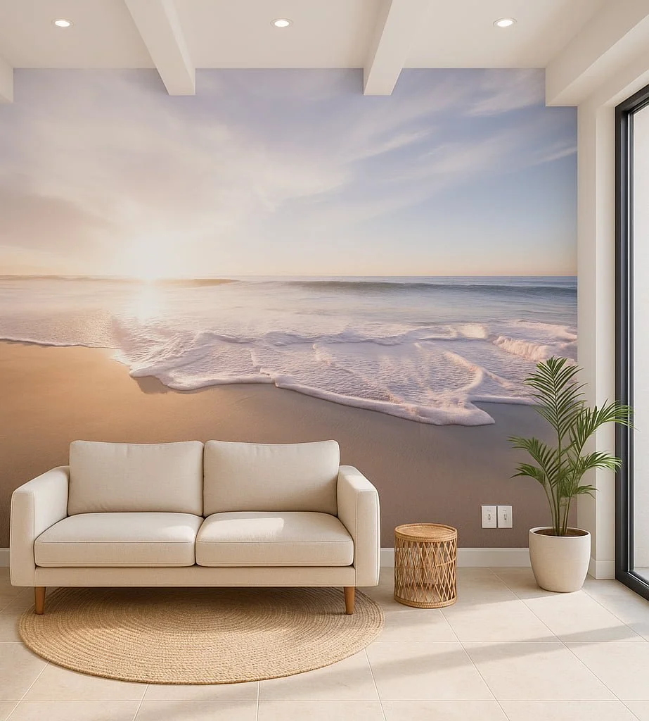 Papel pintado mural panorámico de atardecer en la playa en tonos rosa suave y dorado detrás del sofá en salón luminoso, diseño costero sin juntas Pop Papel